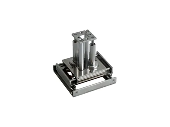 The LT3310 — a compact stainless-steel linear stage with a short four-post Z pedestal raising a small square top plate.