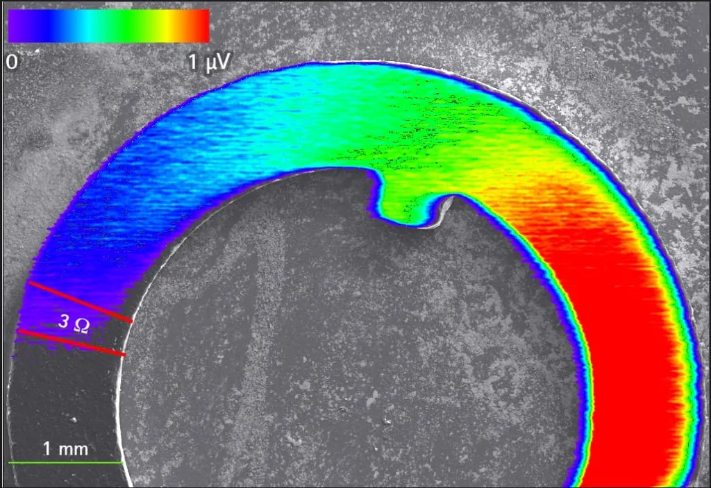 EBIV false-colour voltage map around a ring-shaped structure with a 3 Ω region marked.