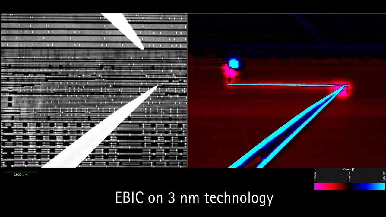 Split SEM/EBIC view of two probe tips converging on interconnect lines on 3 nm-class technology, with a 0.900 µm scale bar.