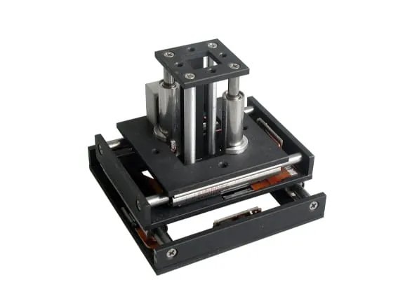 The LT6820 — a tiered linear stage with cross-roller XY slides and a four-post Z pedestal raising a square top plate.