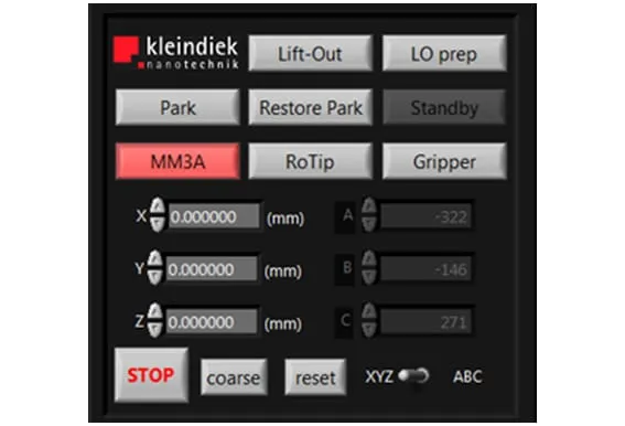 The iLO control software interface — a dark Kleindiek panel with Lift-Out, Park and Standby buttons, MM3A/RoTip/Gripper selectors and XYZ/ABC coordinate fields.